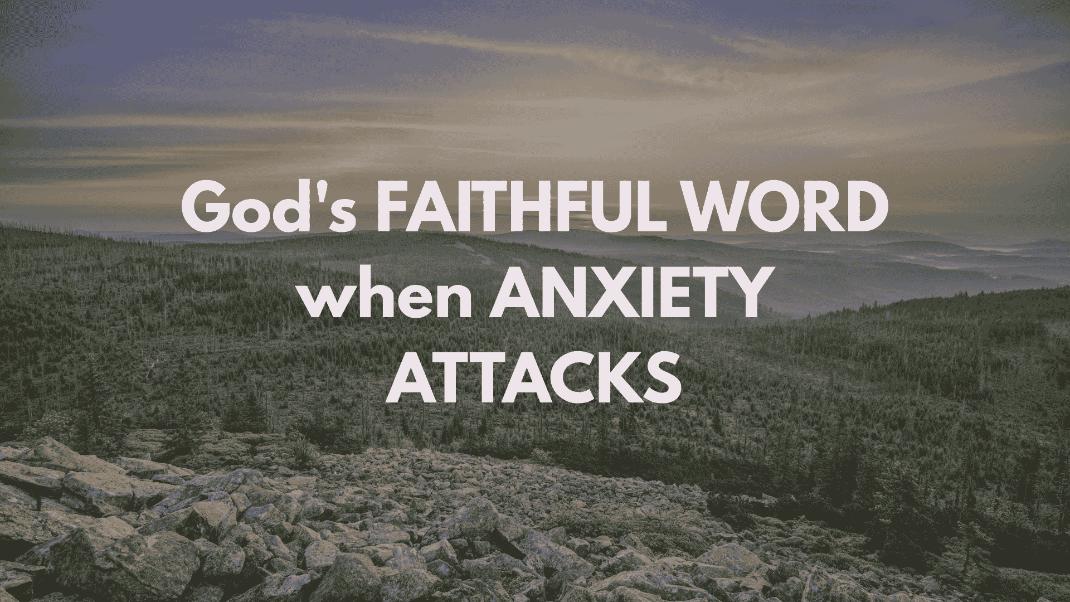 Image with text 'God's FAITHFUL WORD when ANXIETY ATTACKS' overlaid on a rugged landscape of rocky terrain, a dense forest, and distant hazy mountains under a muted, overcast sky. Christian theme addressing anxiety with scripture. - best-bible-verses-about-trusting-god