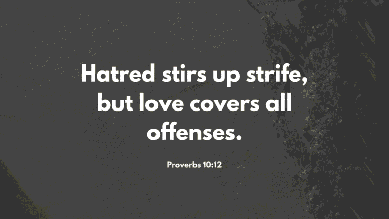 "Inspirational Christian quote from Proverbs 10:12, 'Hatred stirs up strife, but love covers all offenses,' displayed on a dark textured surface."