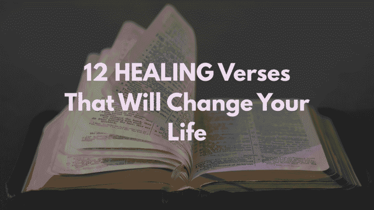 Image with text '12 HEALING Verses That Will Change Your Life,' overlaid on an open Bible resting on a dark surface. This collection features powerful faith healing scriptures designed to bring comfort and transformation. Christian resource on healing through God's word.
