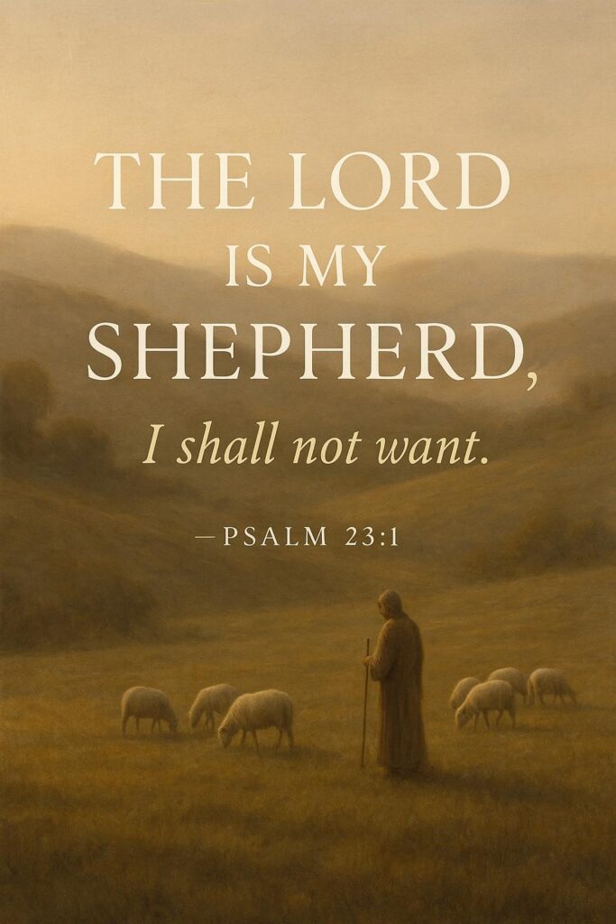 The Lord is my Shepherd Psalm 23:1 - Religious image of shepherd and sheep in pastoral scene. Christian faith art.